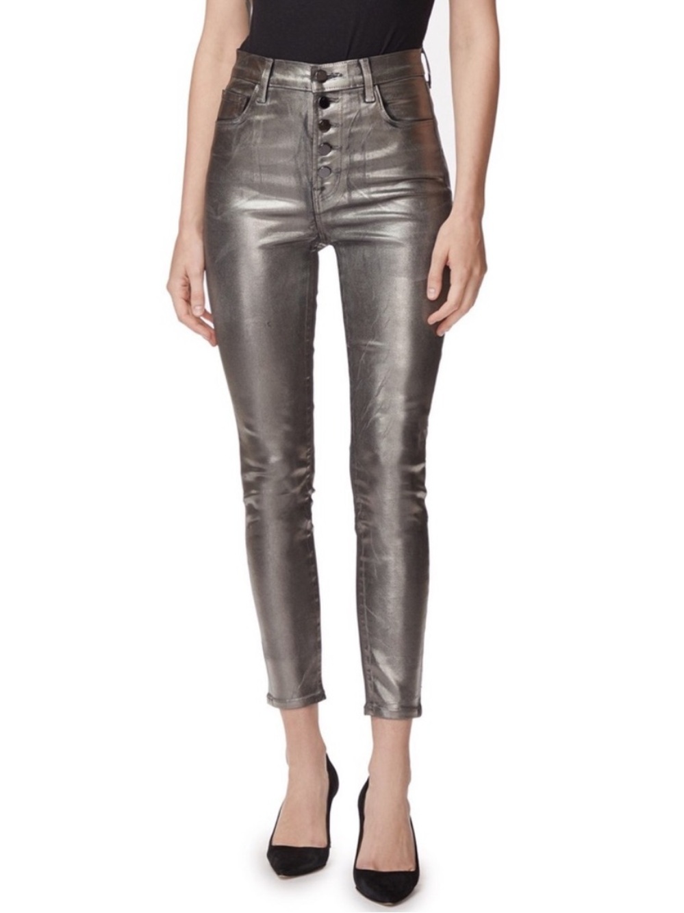 J BRAND Lillie Galactic Metallic Silver High-Rise Skinny Jeans 26